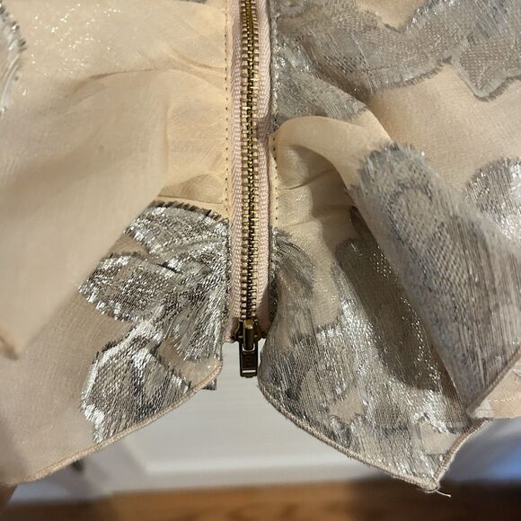 Self Portrait Dress Metallic Fil Coupe Ruffle Mini Beige Tan Silver Cocktail 4 - Picture 7 of 15